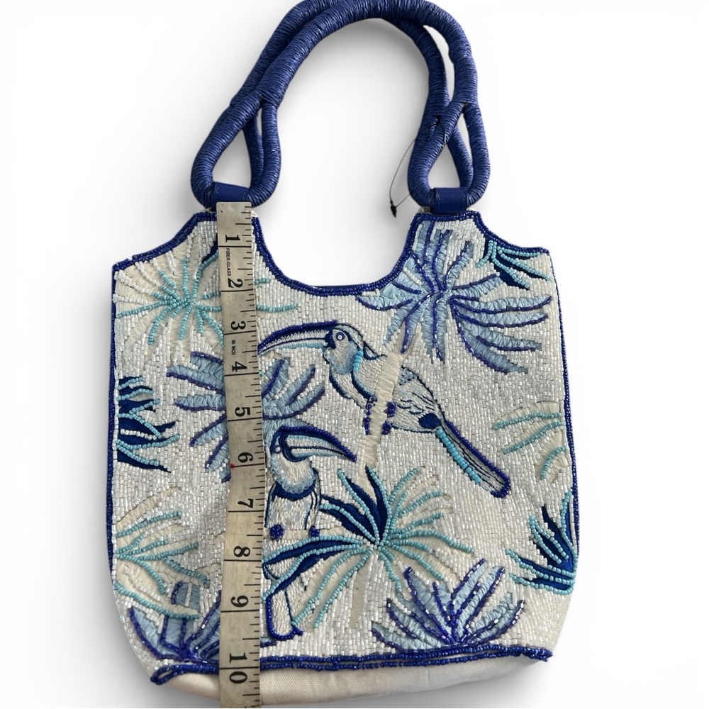 Hand-Beaded Blue & White Tropical Bird Resort Tote | Coastal Chic Like New - Picture 12 of 15